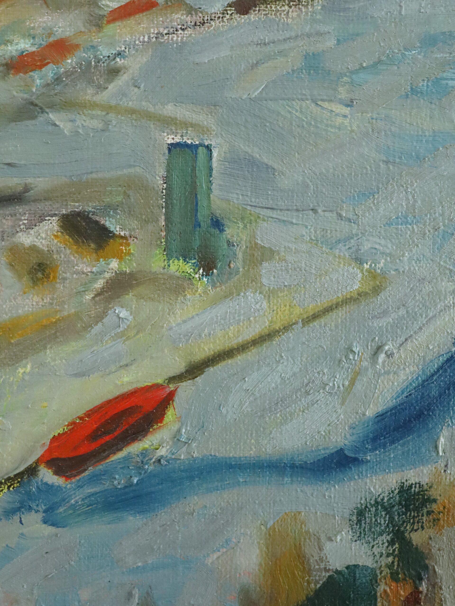 Peinture à l'huile de paysage abstrait suédois du milieu du siècle dernier - Riverbend en vente 5
