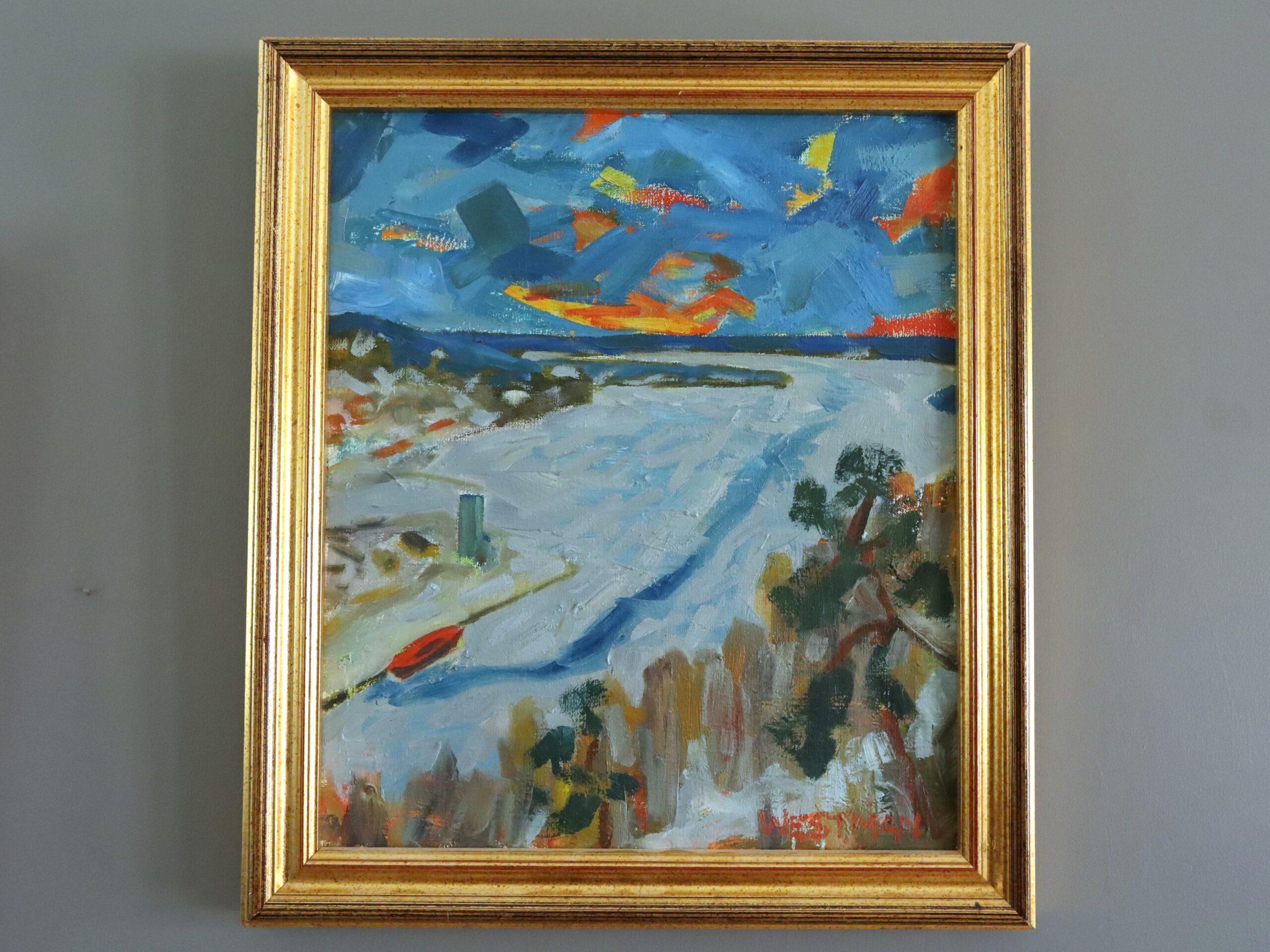 Peinture à l'huile de paysage abstrait suédois du milieu du siècle dernier - Riverbend - Painting de Unknown