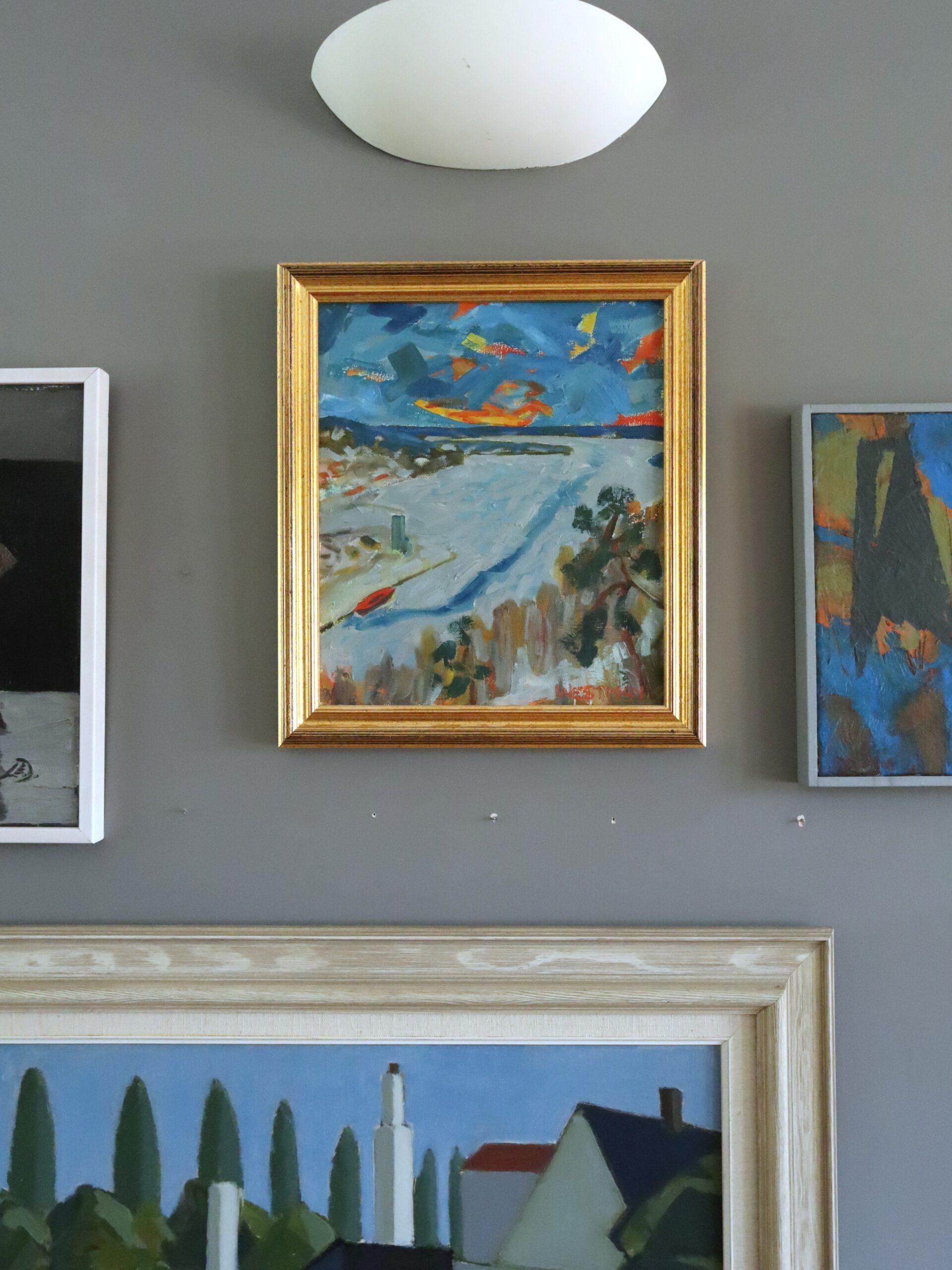 Peinture à l'huile de paysage abstrait suédois du milieu du siècle dernier - Riverbend - Moderne Painting par Unknown