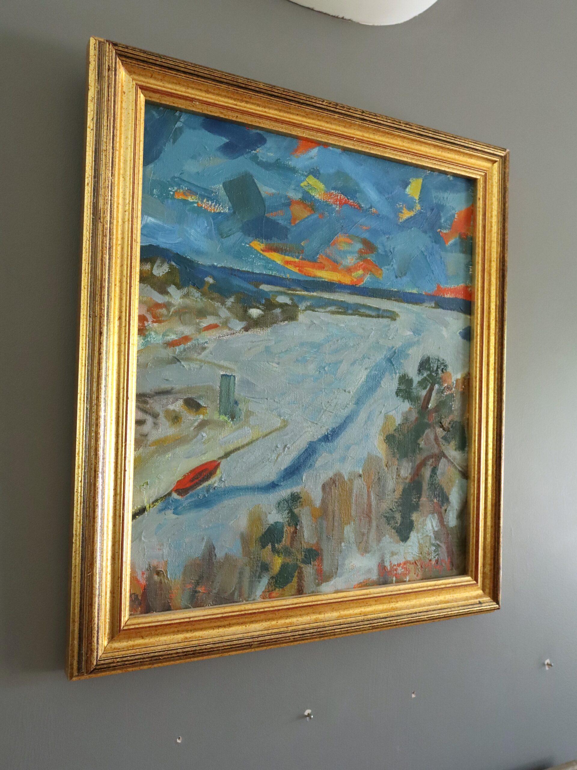Peinture à l'huile de paysage abstrait suédois du milieu du siècle dernier - Riverbend - Gris Landscape Painting par Unknown