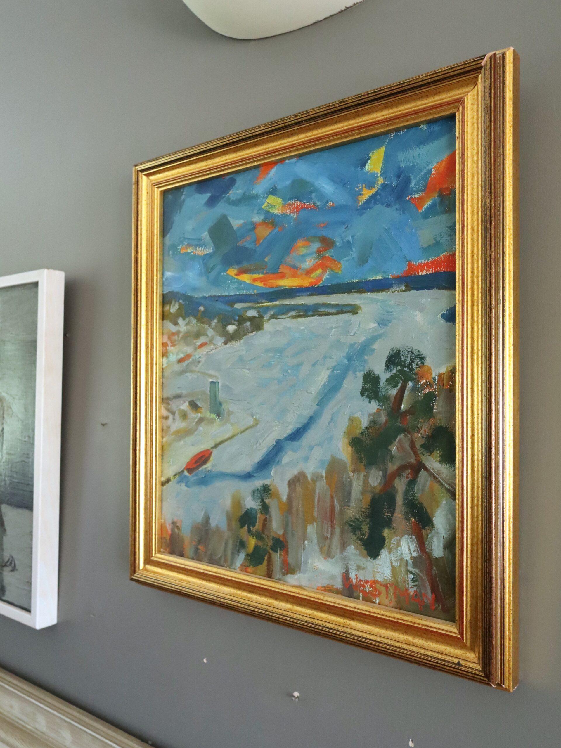 RIVERBEND
Dimensions : 41 x 36 cm (cadre compris)
Huile sur toile

Un paysage abstrait moderniste du milieu du siècle, exécuté à l'huile sur toile.

La composition capture l'énergie dynamique d'une voie d'eau gelée serpentant à travers un terrain