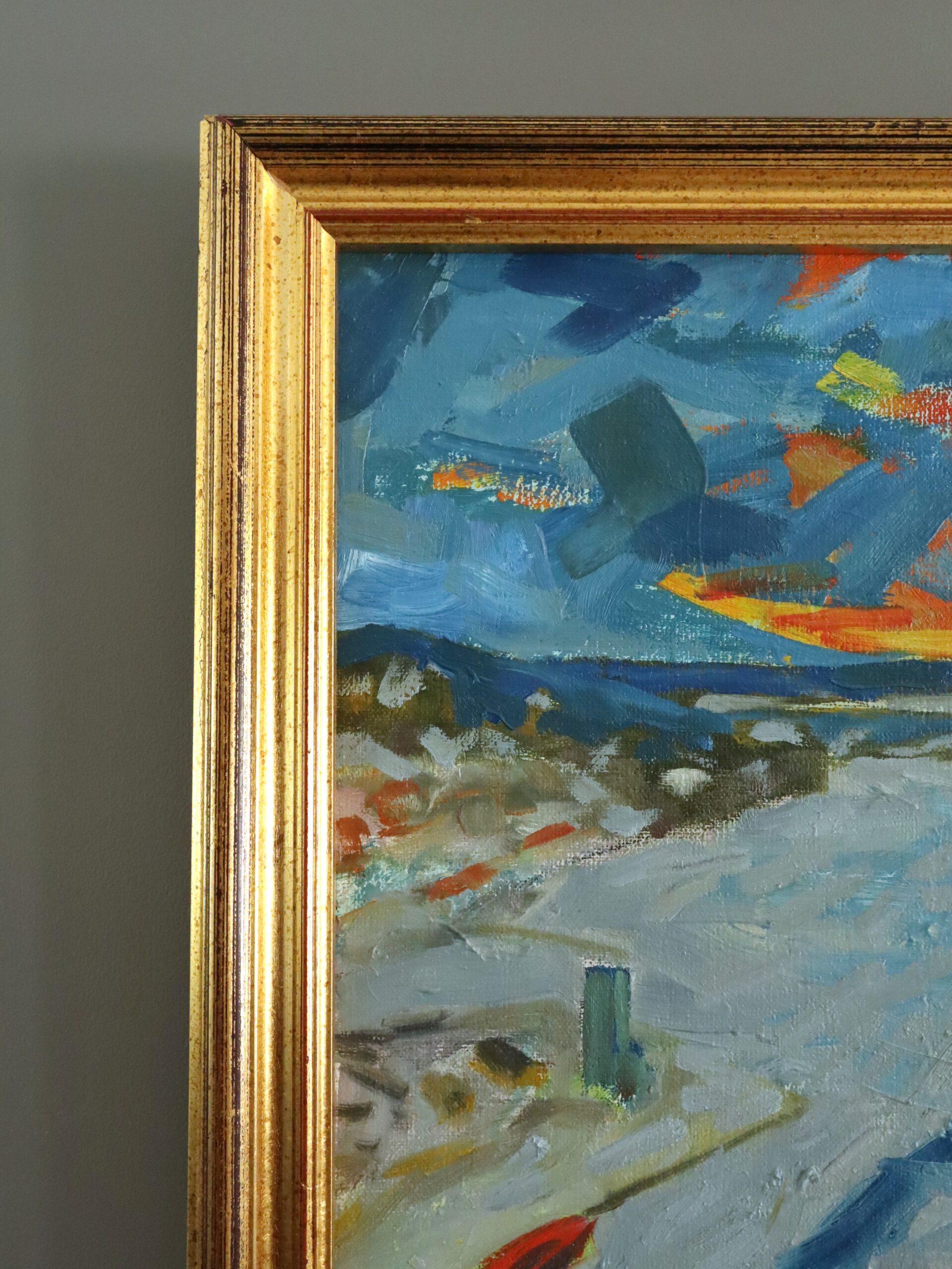 Peinture à l'huile de paysage abstrait suédois du milieu du siècle dernier - Riverbend en vente 1