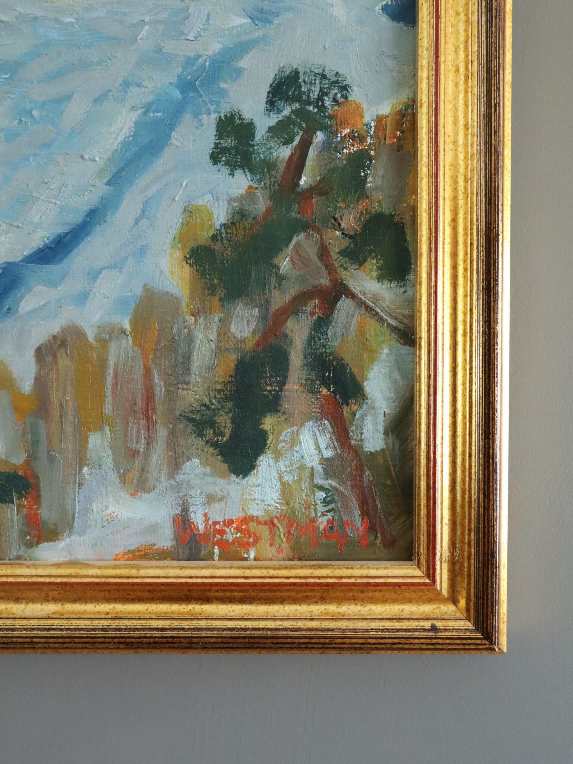 Peinture à l'huile de paysage abstrait suédois du milieu du siècle dernier - Riverbend en vente 3