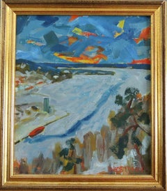 Peinture à l'huile de paysage abstrait suédois du milieu du siècle dernier - Riverbend