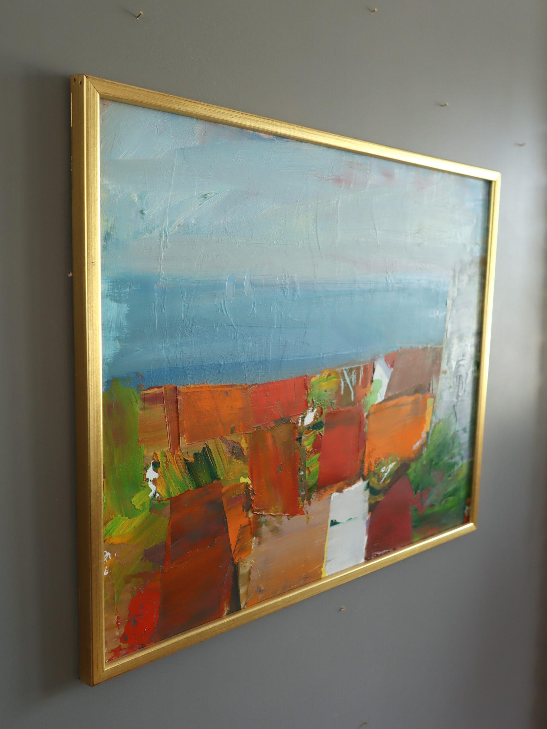 Pittura ad olio di paesaggio astratto svedese della metà del secolo scorso - Costa di terracotta - Landscape Painting Grigio di Unknown