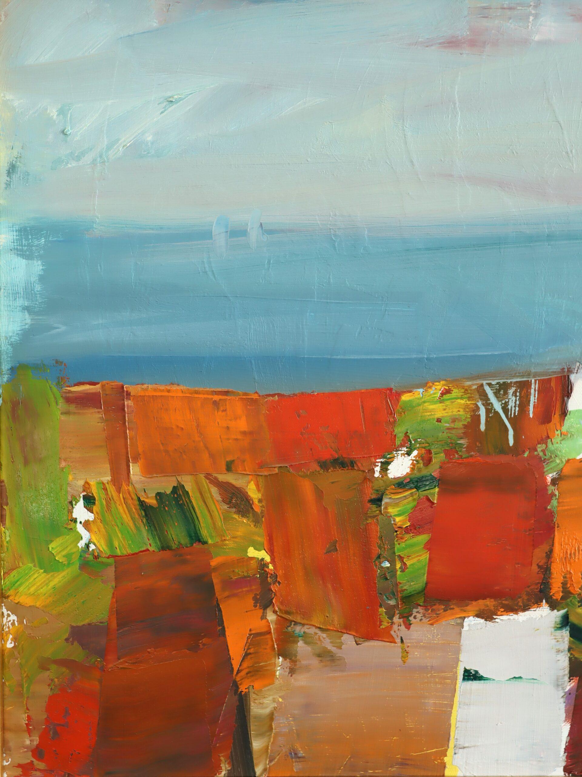 Pittura ad olio di paesaggio astratto svedese della metà del secolo scorso - Costa di terracotta in vendita 3