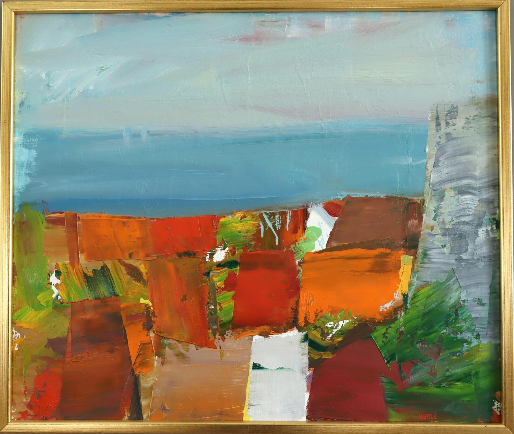 Landscape Painting di Unknown - Pittura ad olio di paesaggio astratto svedese della metà del secolo scorso - Costa di terracotta