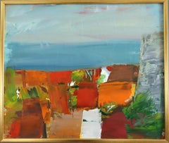 Mid Century Modern Swedish Abstract Landscape Oil Painting -Terracotta Coastline