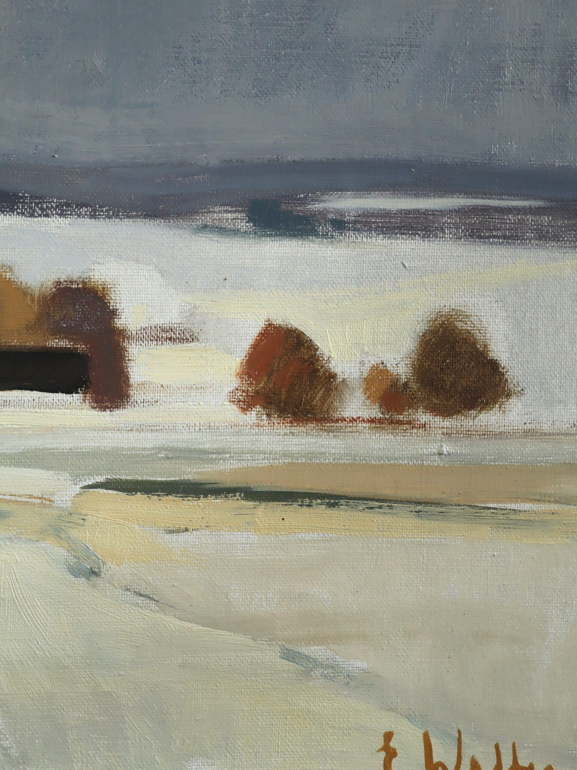 Mid Century Modern Swedish Abstract Landscape Oil Painting - Whispers of Winter For Sale 7