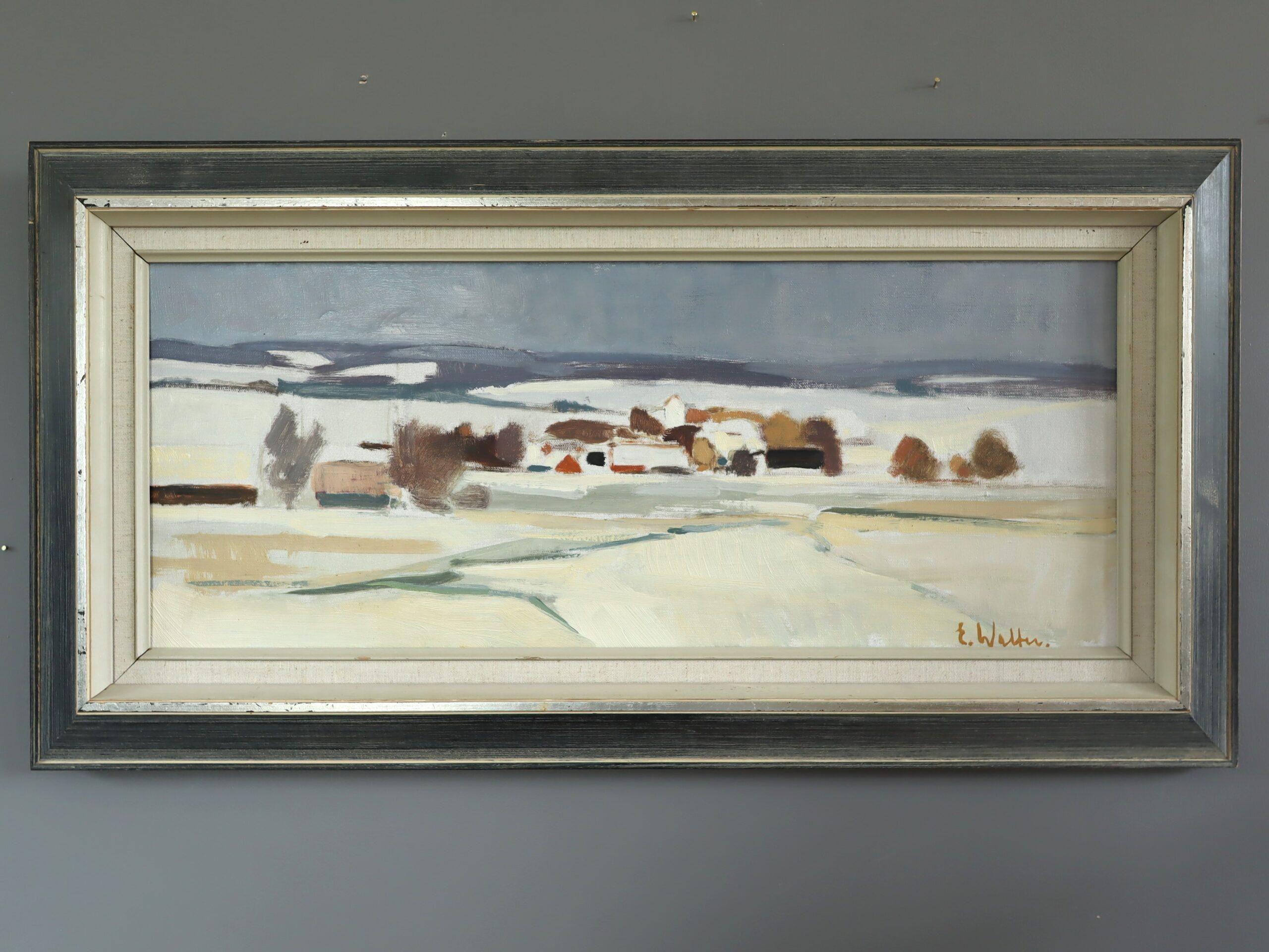 Mid Century Modern Swedish Abstract Landscape Oil Painting - Whispers of Winter - Gray Landscape Painting by Unknown