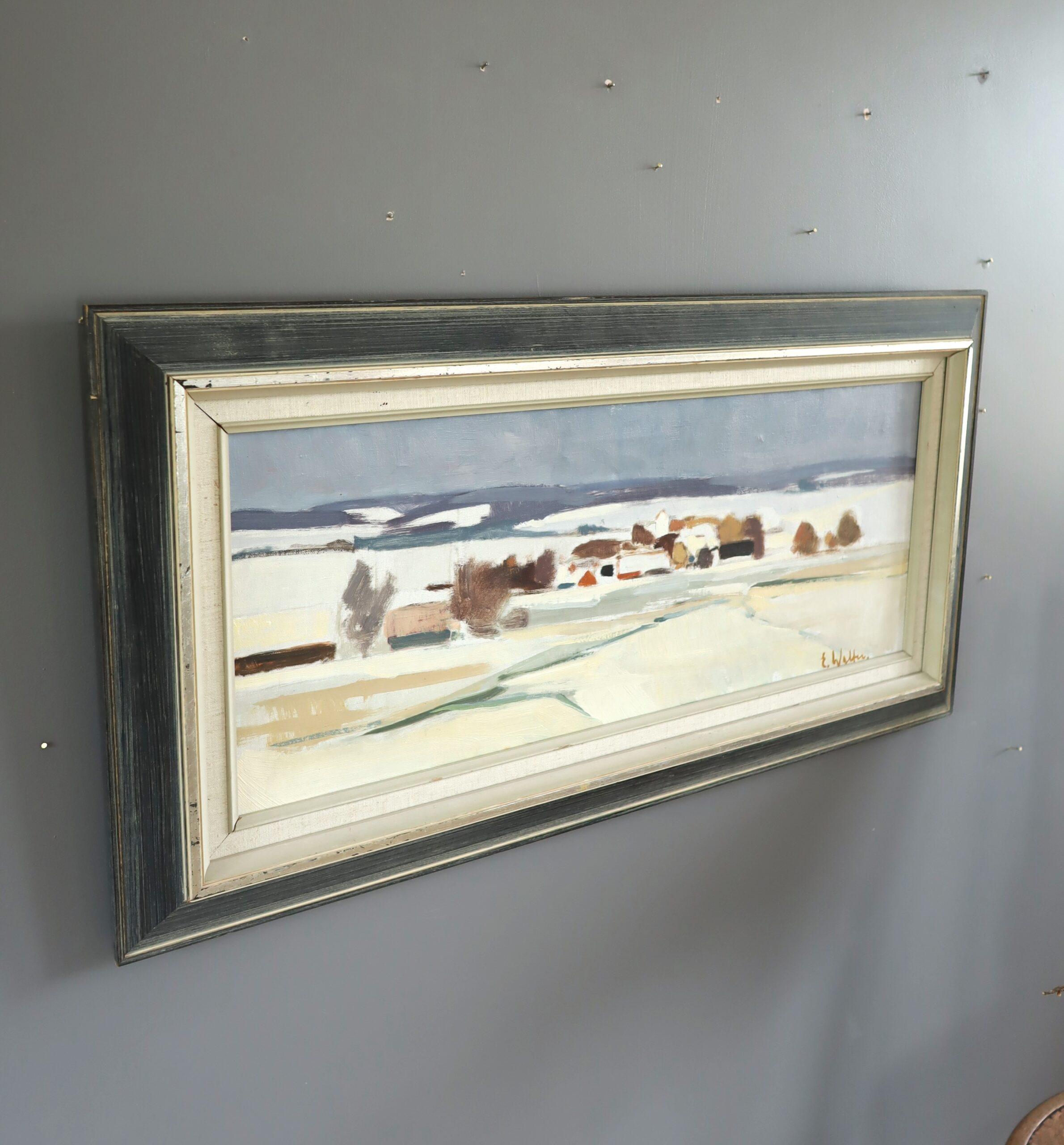 Mid Century Modern Swedish Abstract Landscape Oil Painting - Whispers of Winter For Sale 1