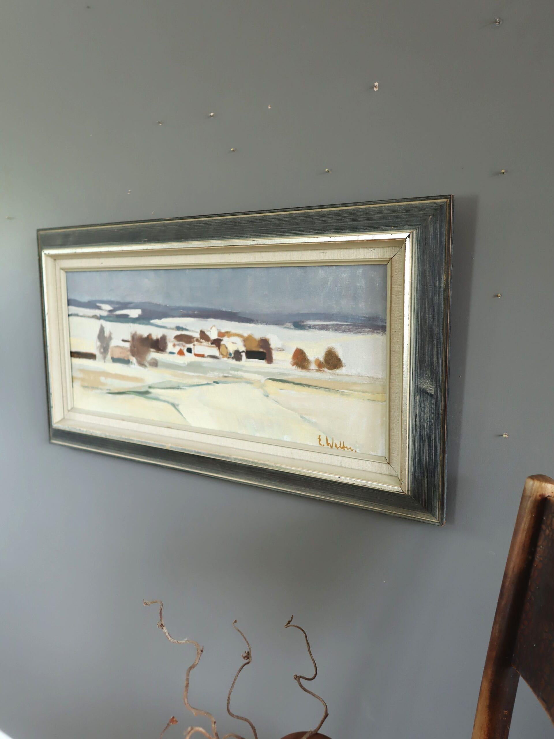 Mid Century Modern Swedish Abstract Landscape Oil Painting - Whispers of Winter For Sale 2