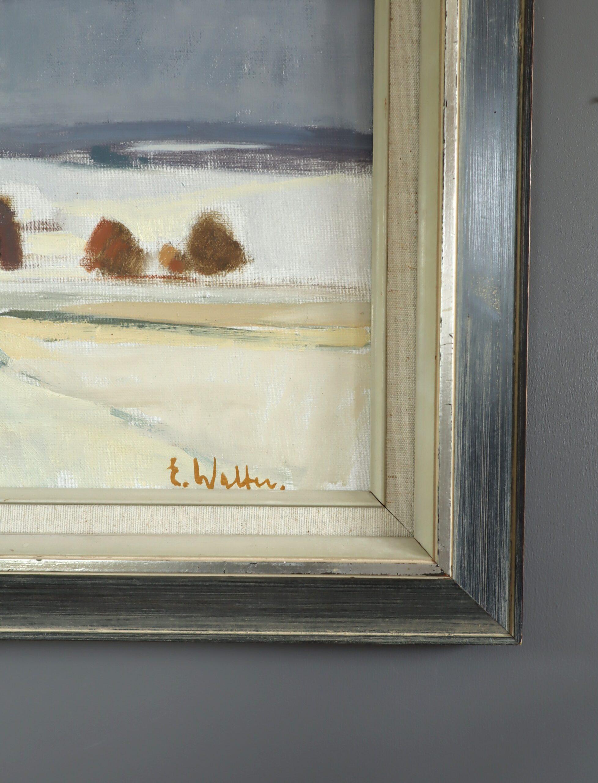 Mid Century Modern Swedish Abstract Landscape Oil Painting - Whispers of Winter For Sale 4