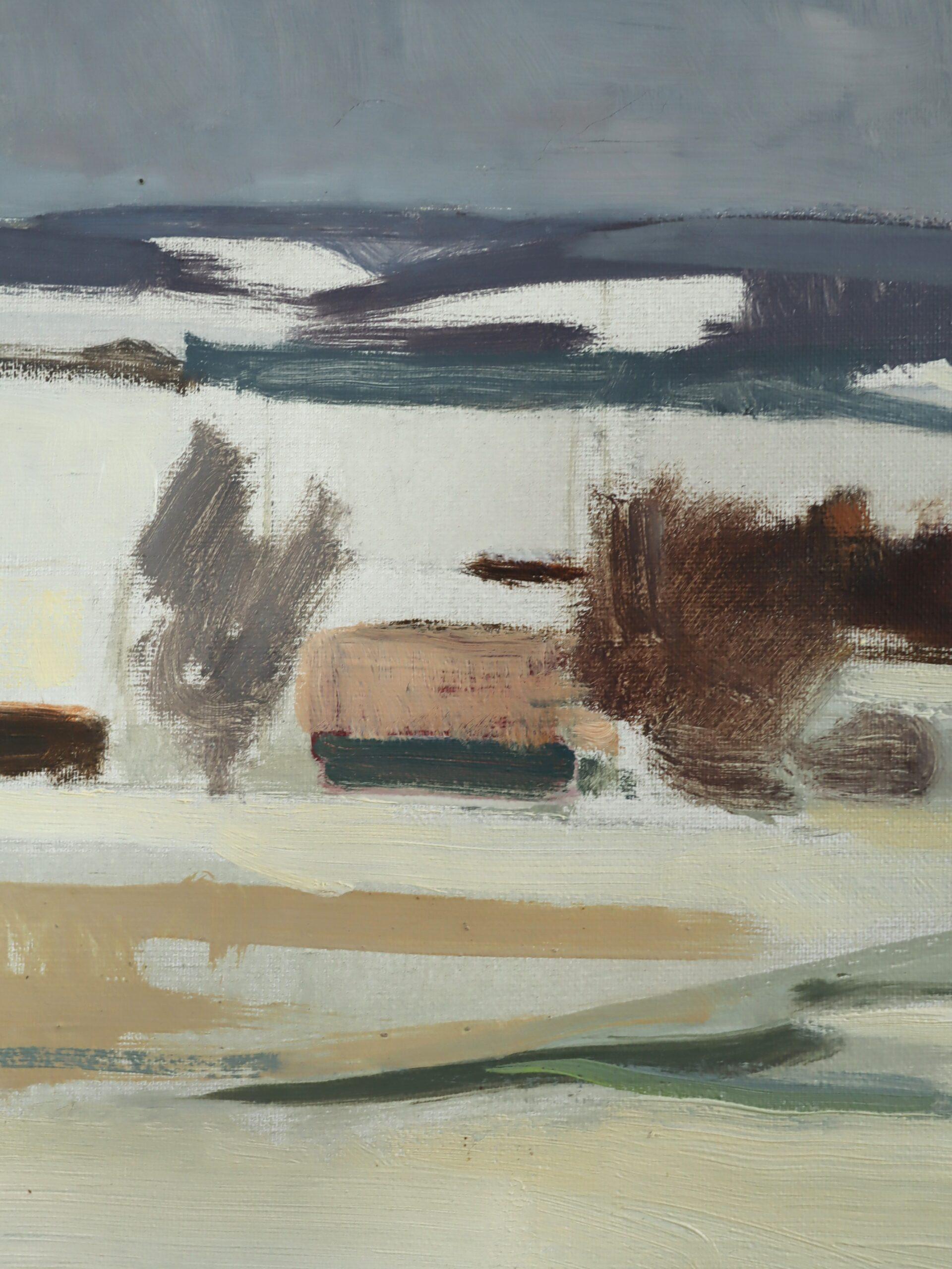 Mid Century Modern Swedish Abstract Landscape Oil Painting - Whispers of Winter For Sale 5
