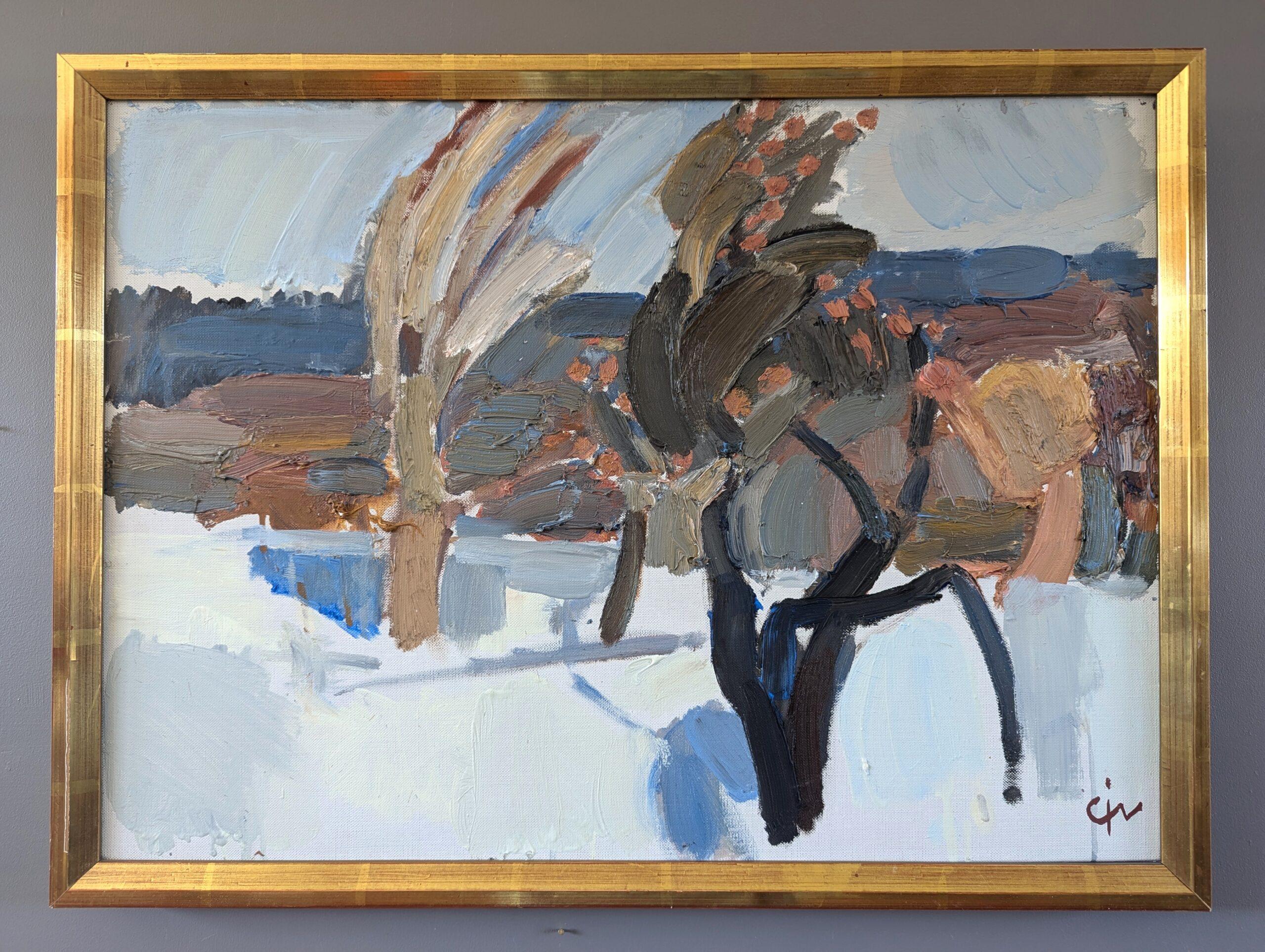 Peinture à l'huile suédoise abstraite suédoise moderne du milieu du siècle dernier - Hiver évasé - Painting de Unknown