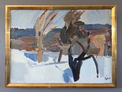 Mid-Century Modern Swedish Abstract Landscape Oil Painting - Windswept Winter