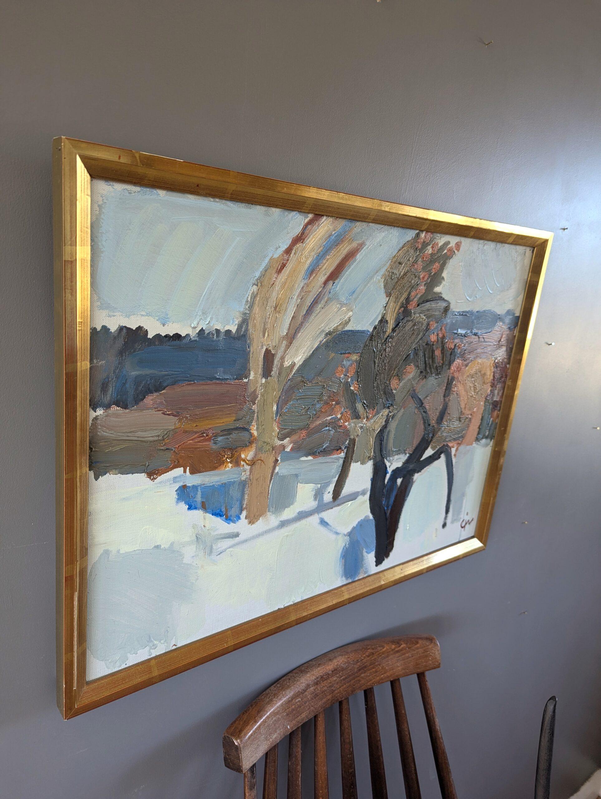 Peinture à l'huile suédoise abstraite suédoise moderne du milieu du siècle dernier - Hiver évasé - Gris Landscape Painting par Unknown