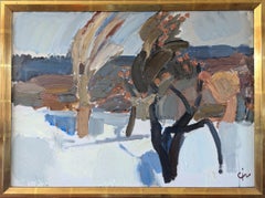 Mid-Century Modern Swedish Abstract Landscape Oil Painting - Windswept Winter