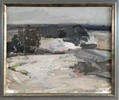 Mid Century Modern Swedish Abstract Landscape Oil Painting - Wintery Horizon