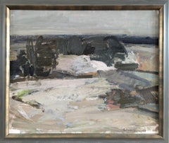 Mid Century Modern Swedish Abstract Landscape Oil Painting - Wintry Horizon