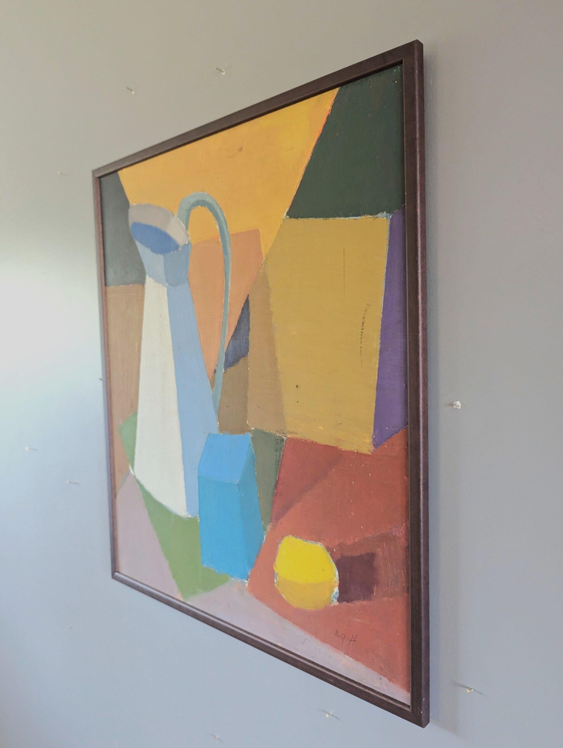 NATURA MORTA GEOMETRICA
Dimensioni: 57 x 48 cm (cornice inclusa)
Olio su tavola

Una composizione di natura morta in stile modernista della metà del secolo, eseguita ad olio su tavola, di grande effetto e brillantemente realizzata.

L'oggetto