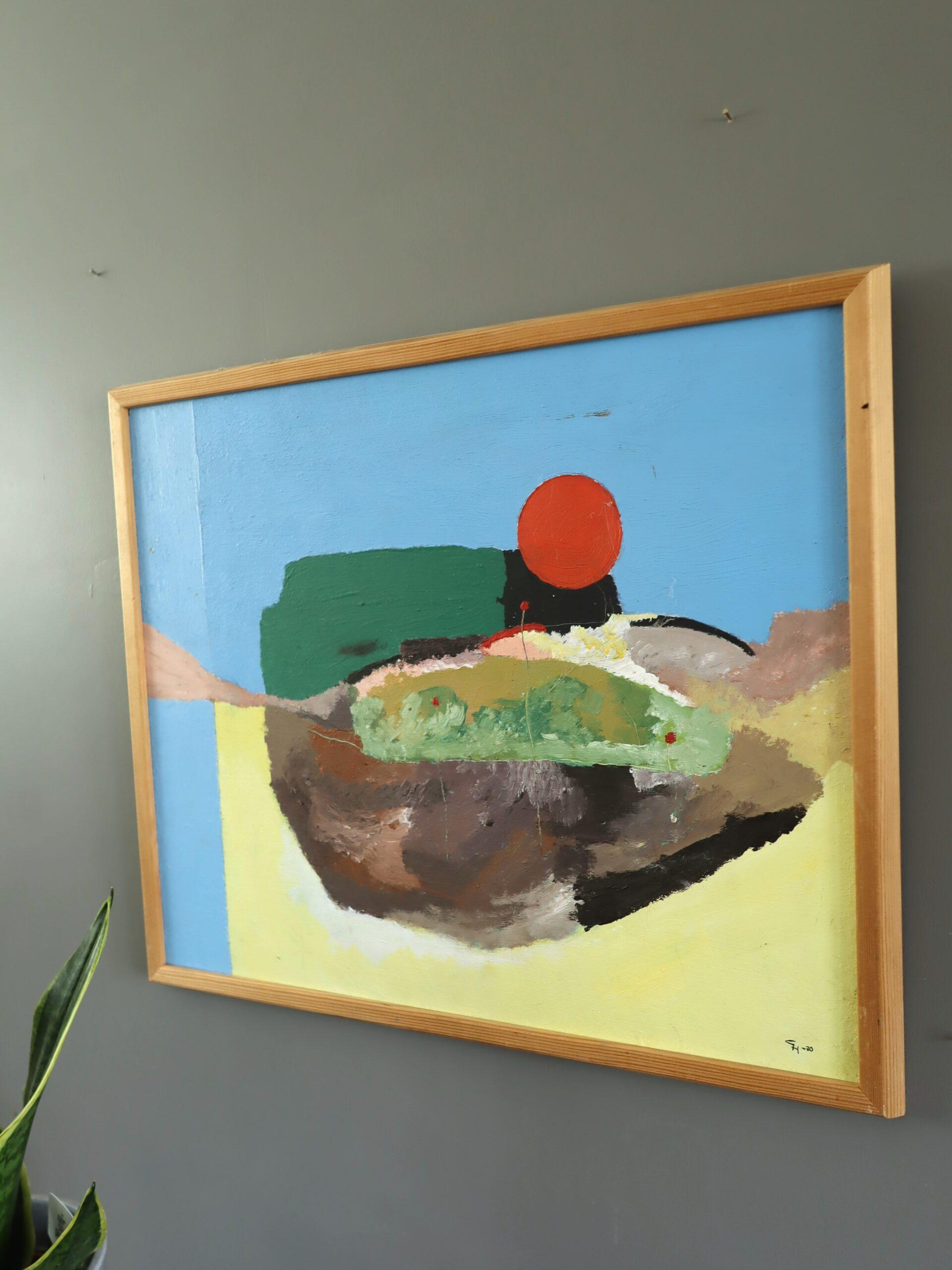 ERINNERUNG AN EINE LANDSCHAFT
Größe: 41 x 48 cm (einschließlich Rahmen)
Öl auf Karton

Eine kühne und abstrakte Komposition aus der Mitte des Jahrhunderts, gemalt in Öl auf Karton.

Dieses Gemälde besteht aus großen, kräftigen Farbblöcken und