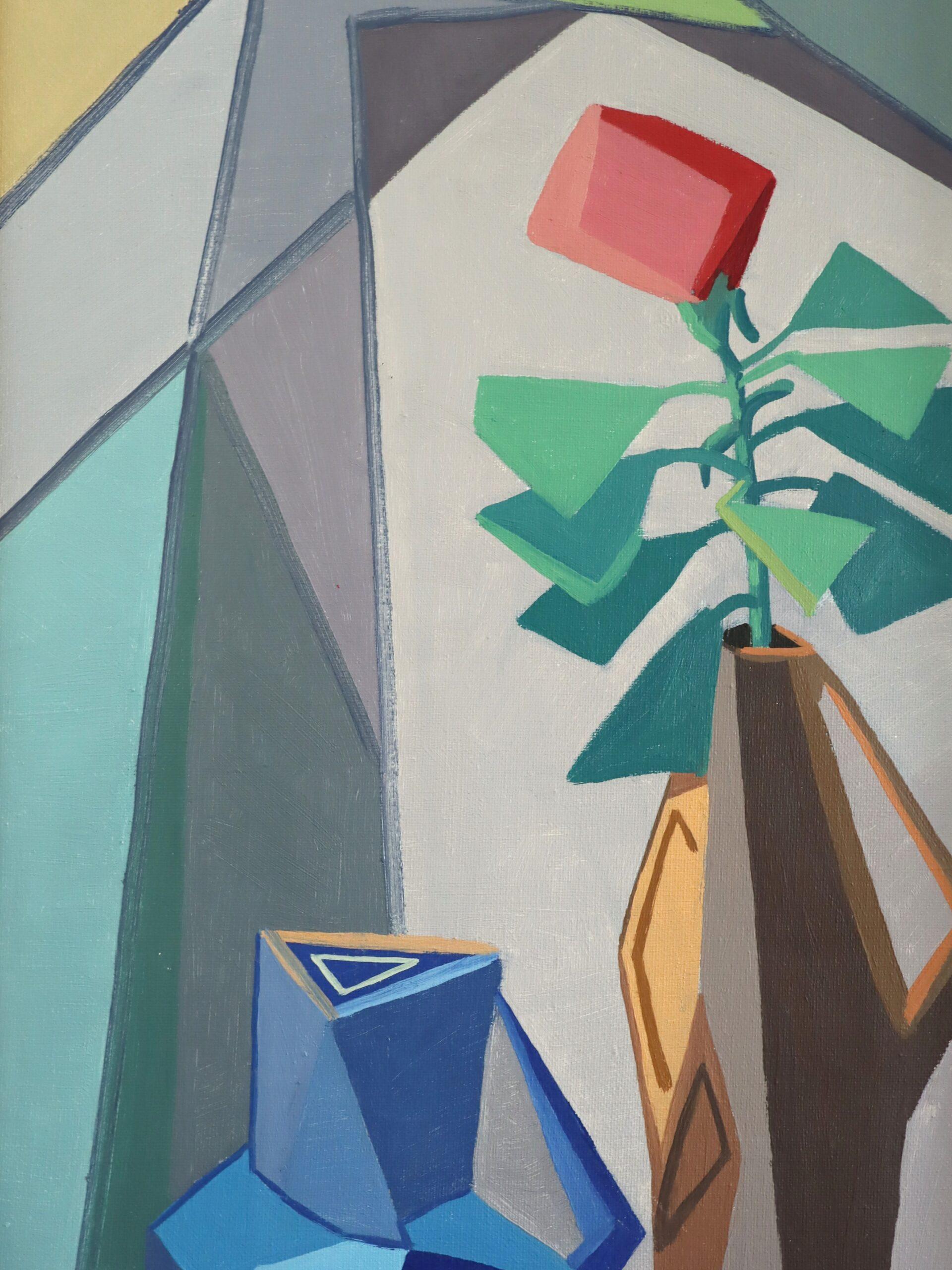 Mid Century Modern Swedish Abstract Still Life Oil Painting - Cubist Tabletop im Angebot 7