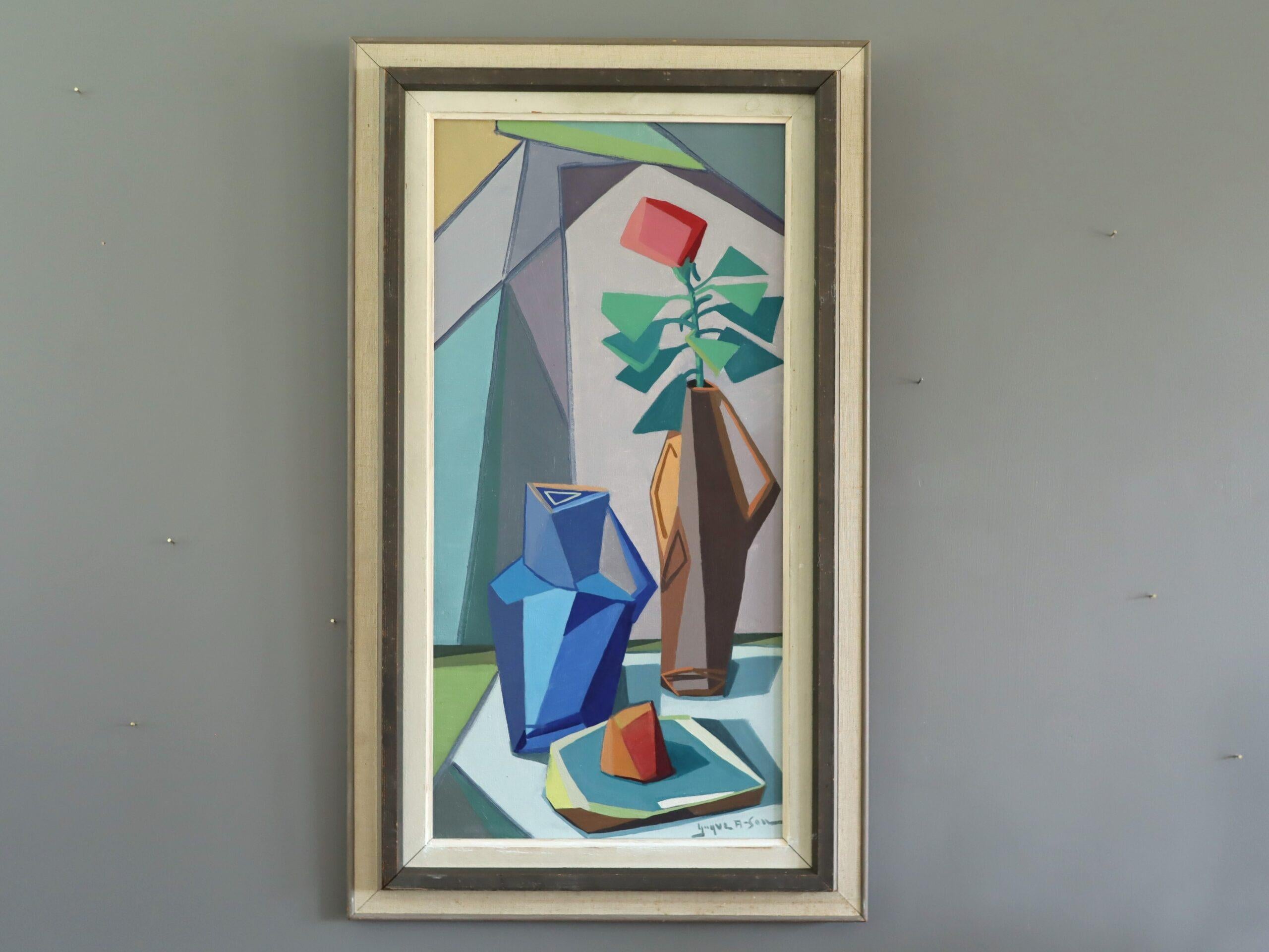 Mid Century Modern Swedish Abstract Still Life Oil Painting - Cubist Tabletop (Grau), Abstract Painting, von Unknown