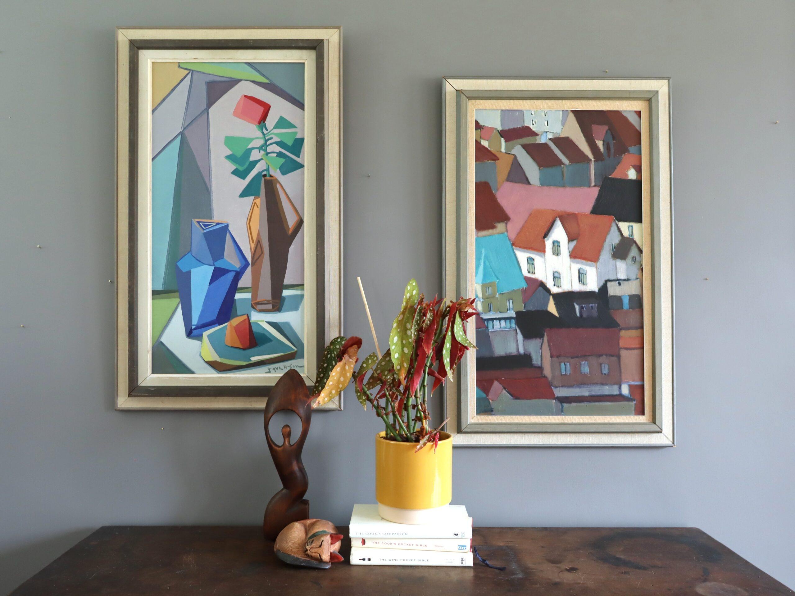 CUBIST TABLETOP
Size: 73 x 43 cm (including frame)
Oil on canvas

A brilliantly executed and striking mid-century cubist still life that presents an arrangement of objects distilled into bold, geometric forms, painted in oil onto canvas.

At the