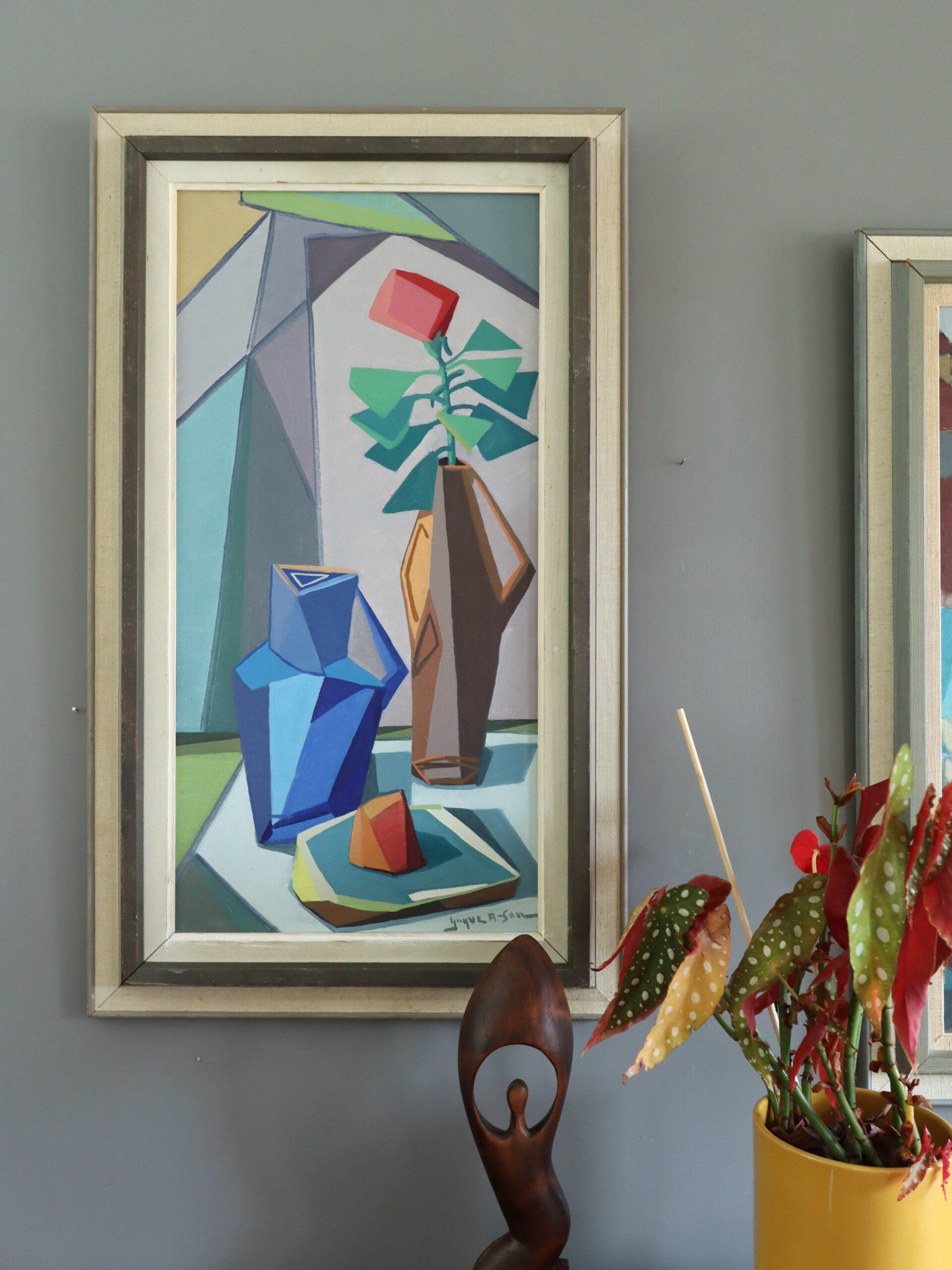 Mid Century Modern Swedish Abstract Still Life Oil Painting - Cubist Tabletop im Angebot 2