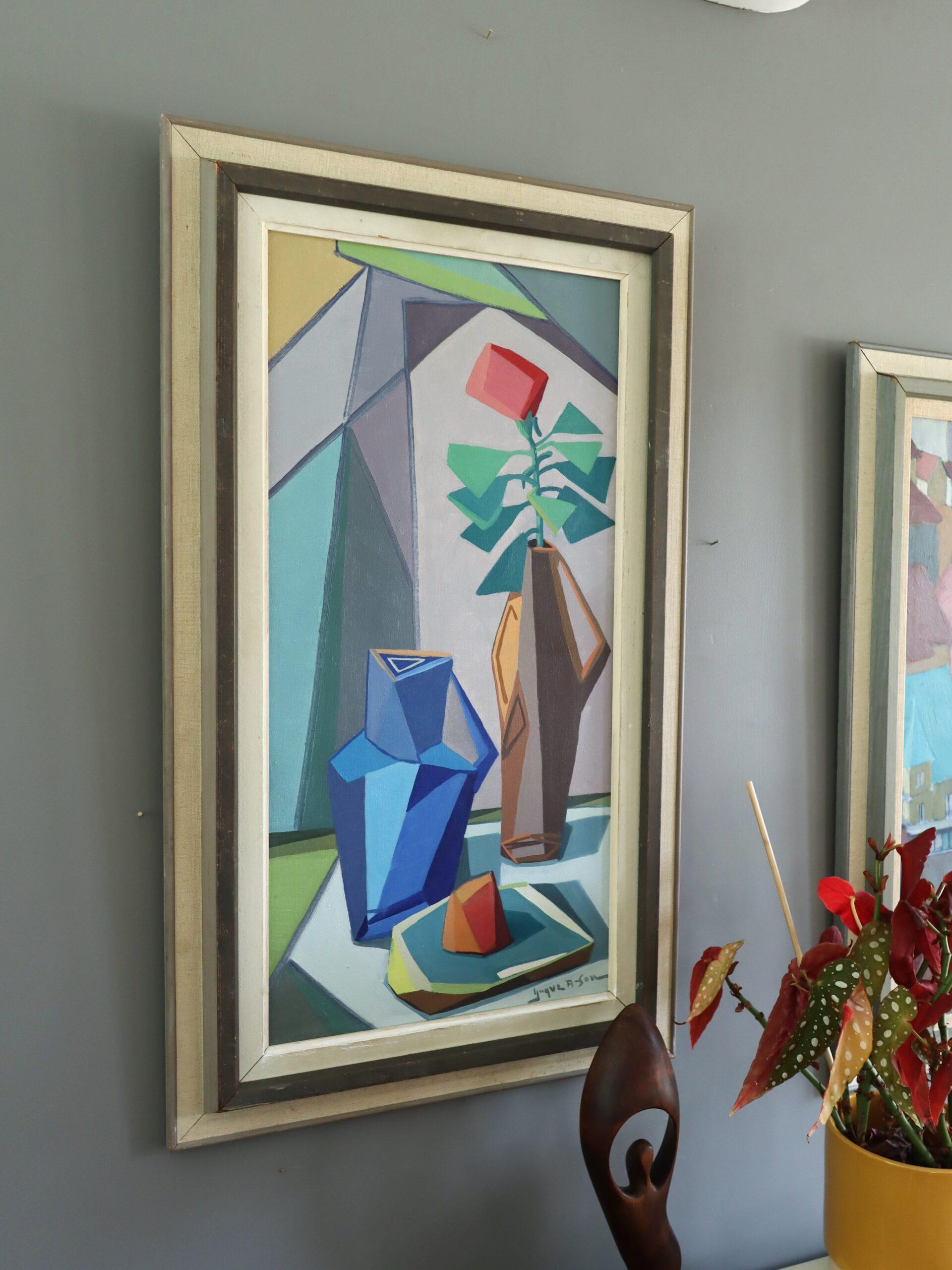 Mid Century Modern Swedish Abstract Still Life Oil Painting - Cubist Tabletop im Angebot 3