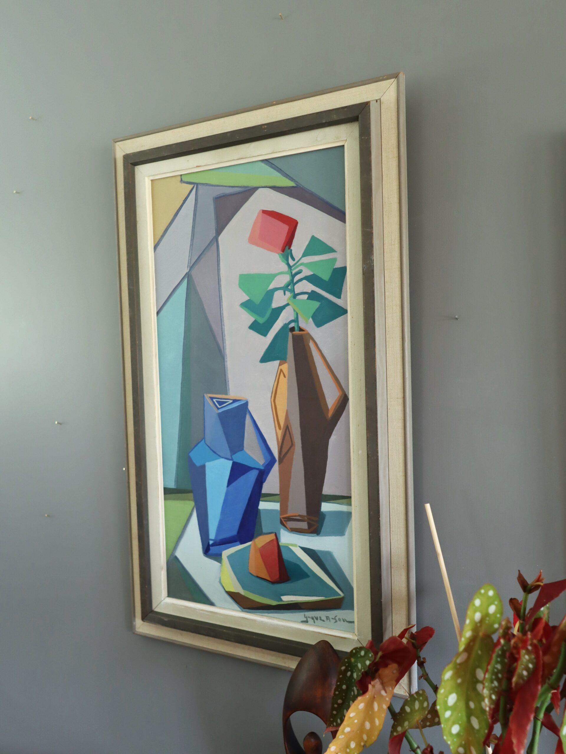 Mid Century Modern Swedish Abstract Still Life Oil Painting - Cubist Tabletop im Angebot 4