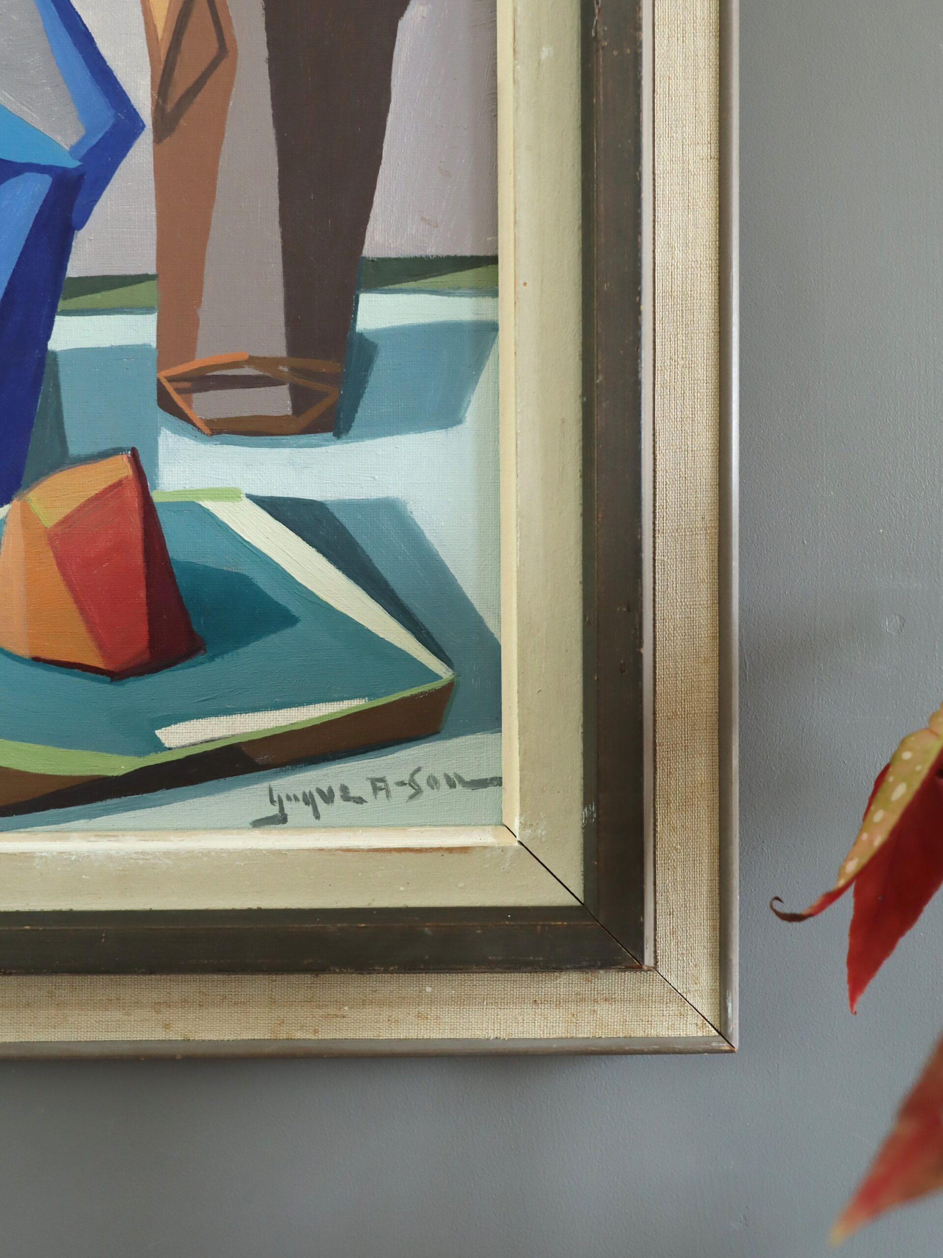 Mid Century Modern Swedish Abstract Still Life Oil Painting - Cubist Tabletop im Angebot 6