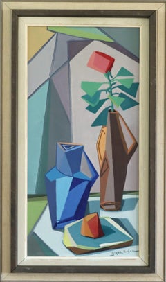 Mid Century Modern Swedish Abstract Still Life Oil Painting - Cubist Tabletop