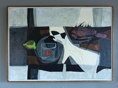 Mid Century Modern Swedish Abstract Still Life Oil Painting - Lemon & Fish