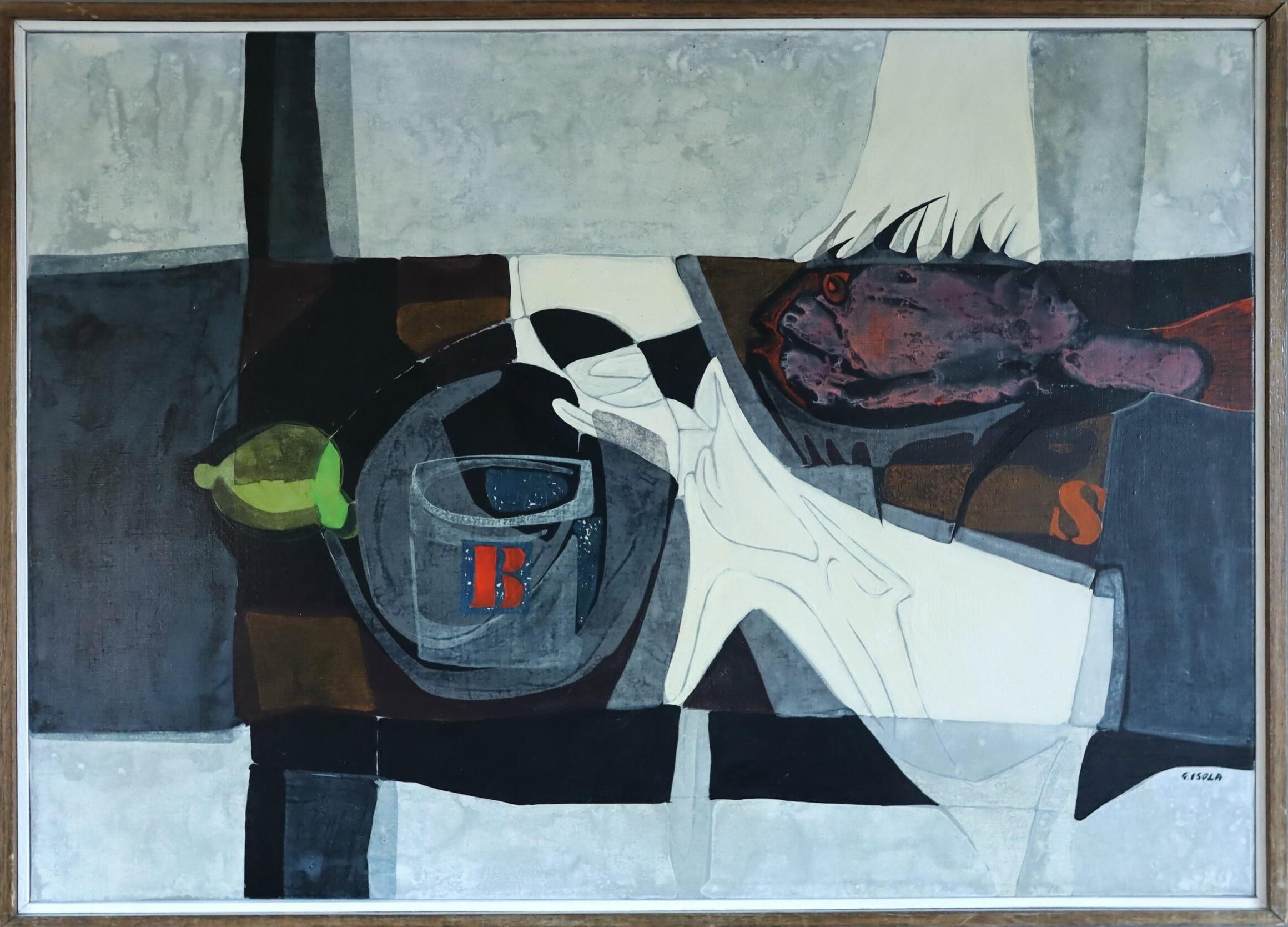 Unknown Still-Life Painting - Mid Century Modern Swedish Abstract Still Life Oil Painting - Lemon 
Fish