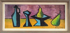 Vintage Mid Century Modern Swedish Abstract Still Life Oil Painting - Pears & Bottle