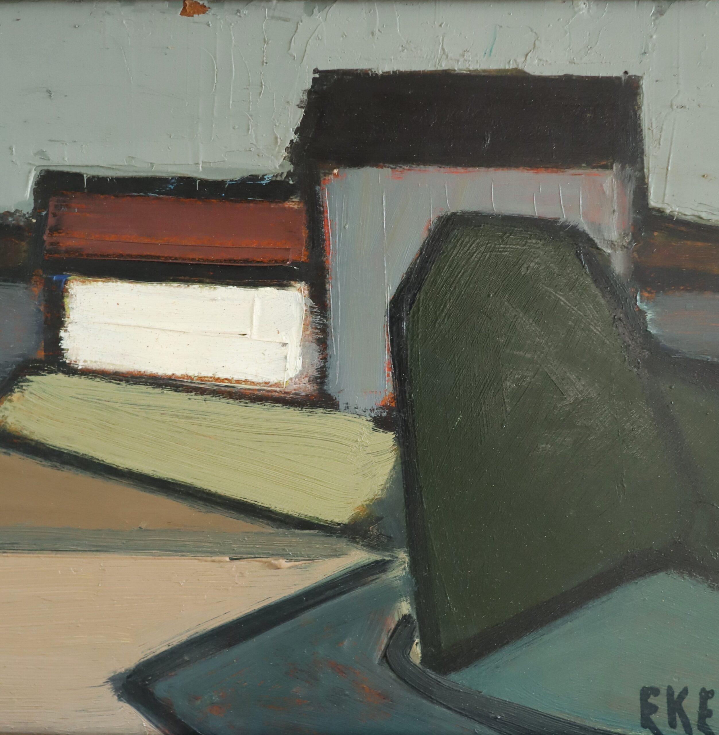 Pintura al óleo de escena callejera abstracta sueca moderna de mediados de siglo - Calle geométrica en venta 6