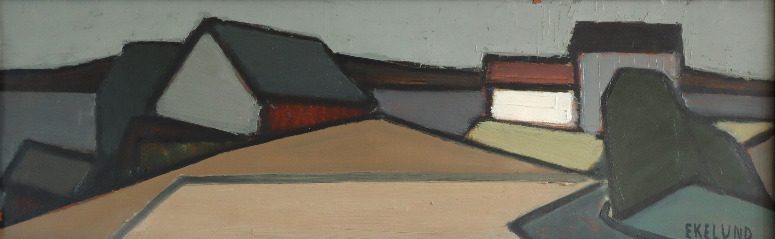 Pintura al óleo de escena callejera abstracta sueca moderna de mediados de siglo - Calle geométrica en venta 7