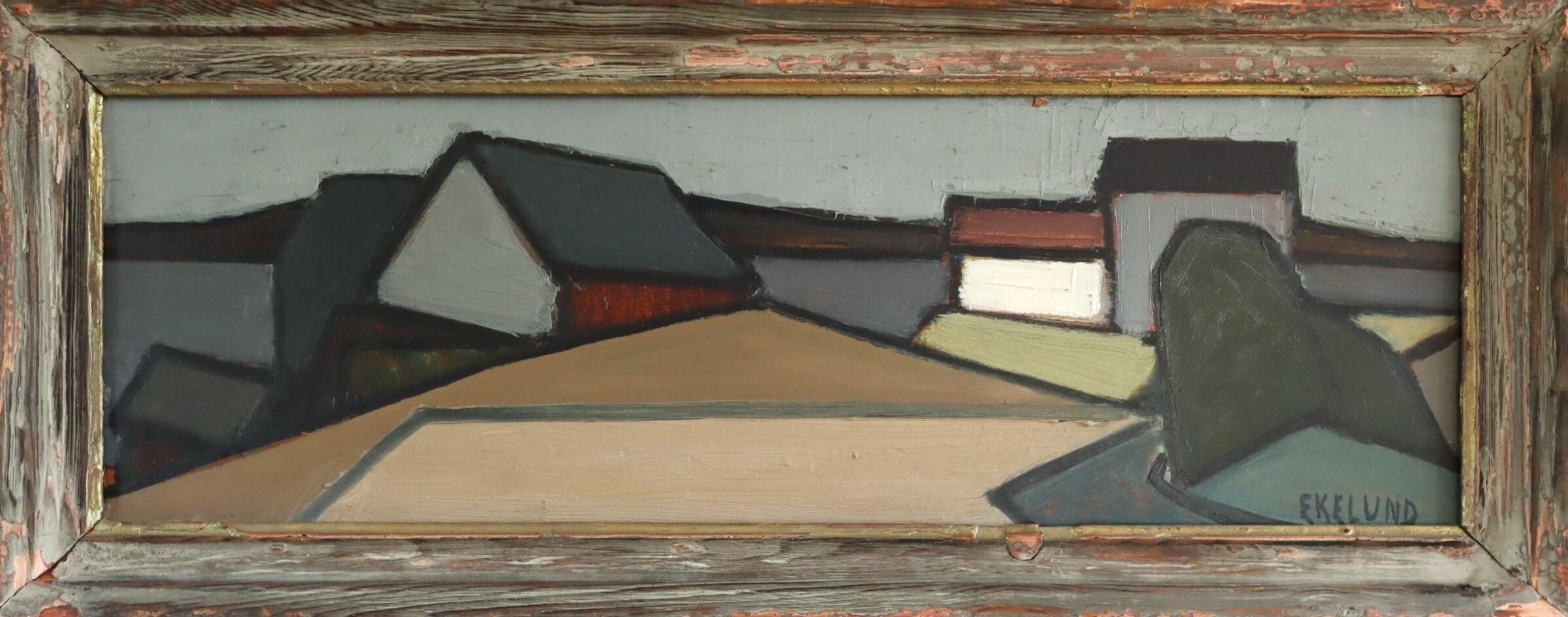 Abstract Painting de Unknown - Pintura al óleo de escena callejera abstracta sueca moderna de mediados de siglo - Calle geométrica