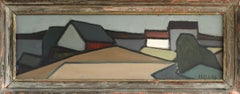 Mid Century Modern Swedish Abstract Street Scene Oil Painting - Geometric Street