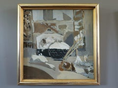 Pintura al óleo de escena callejera abstracta sueca moderna de mediados de siglo - Tejados nevados