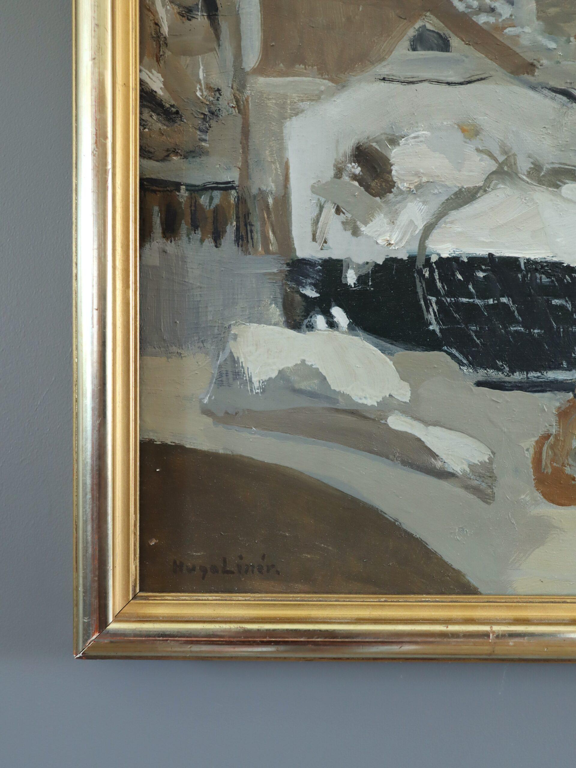 Mid Century Modern Swedish Abstract Street Scene Oil Painting - Snowy Rooftops For Sale 2