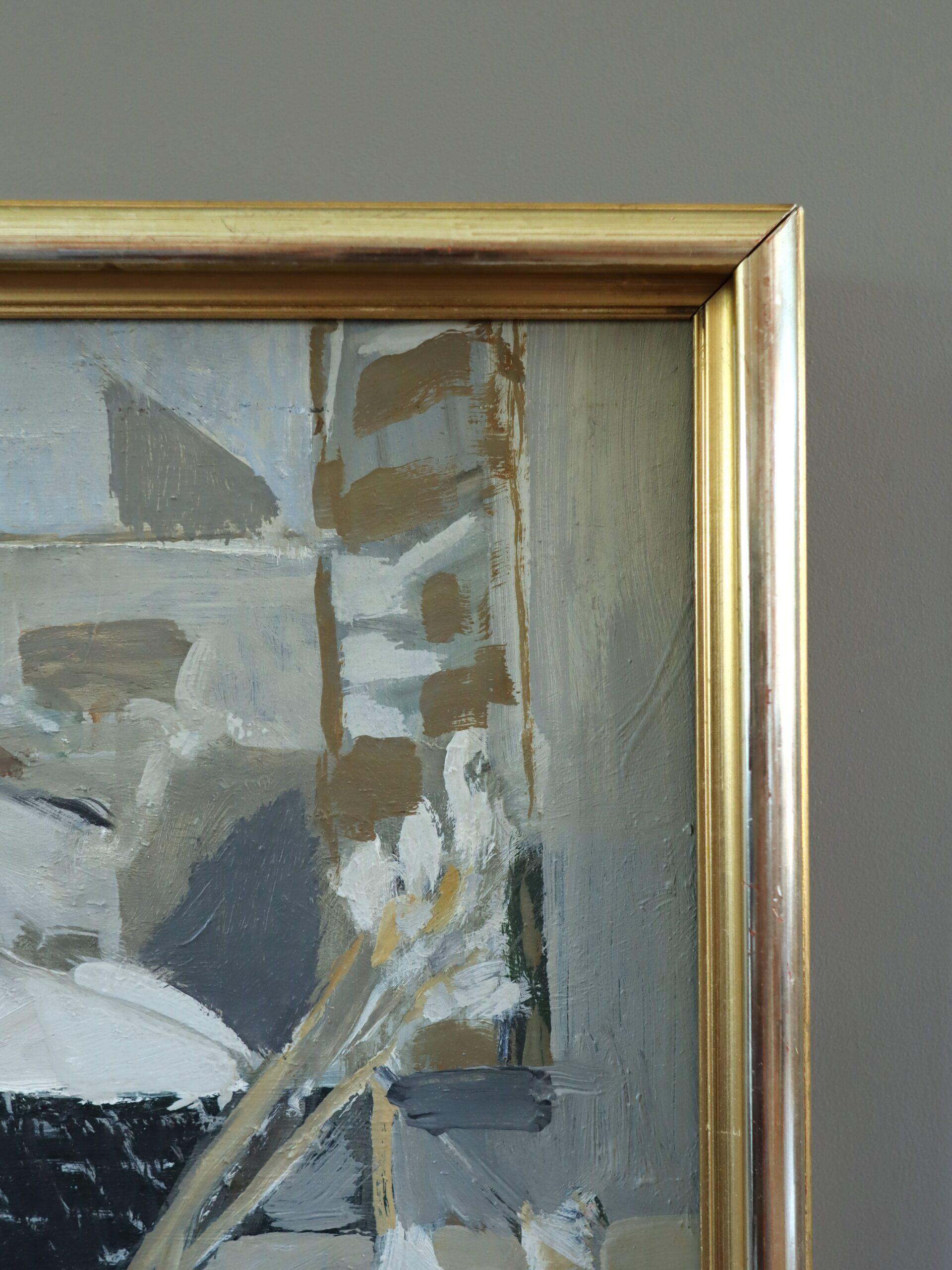 Mid Century Modern Swedish Abstract Street Scene Oil Painting - Snowy Rooftops For Sale 3