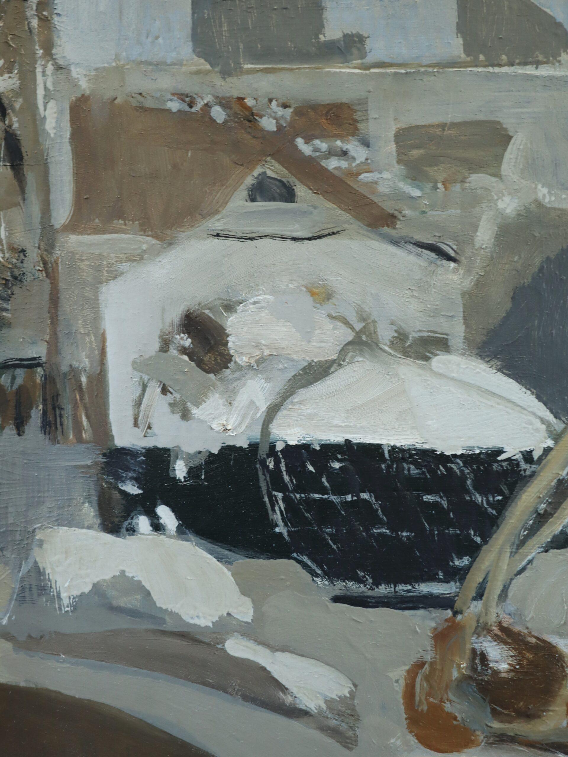 Mid Century Modern Swedish Abstract Street Scene Oil Painting - Snowy Rooftops For Sale 4