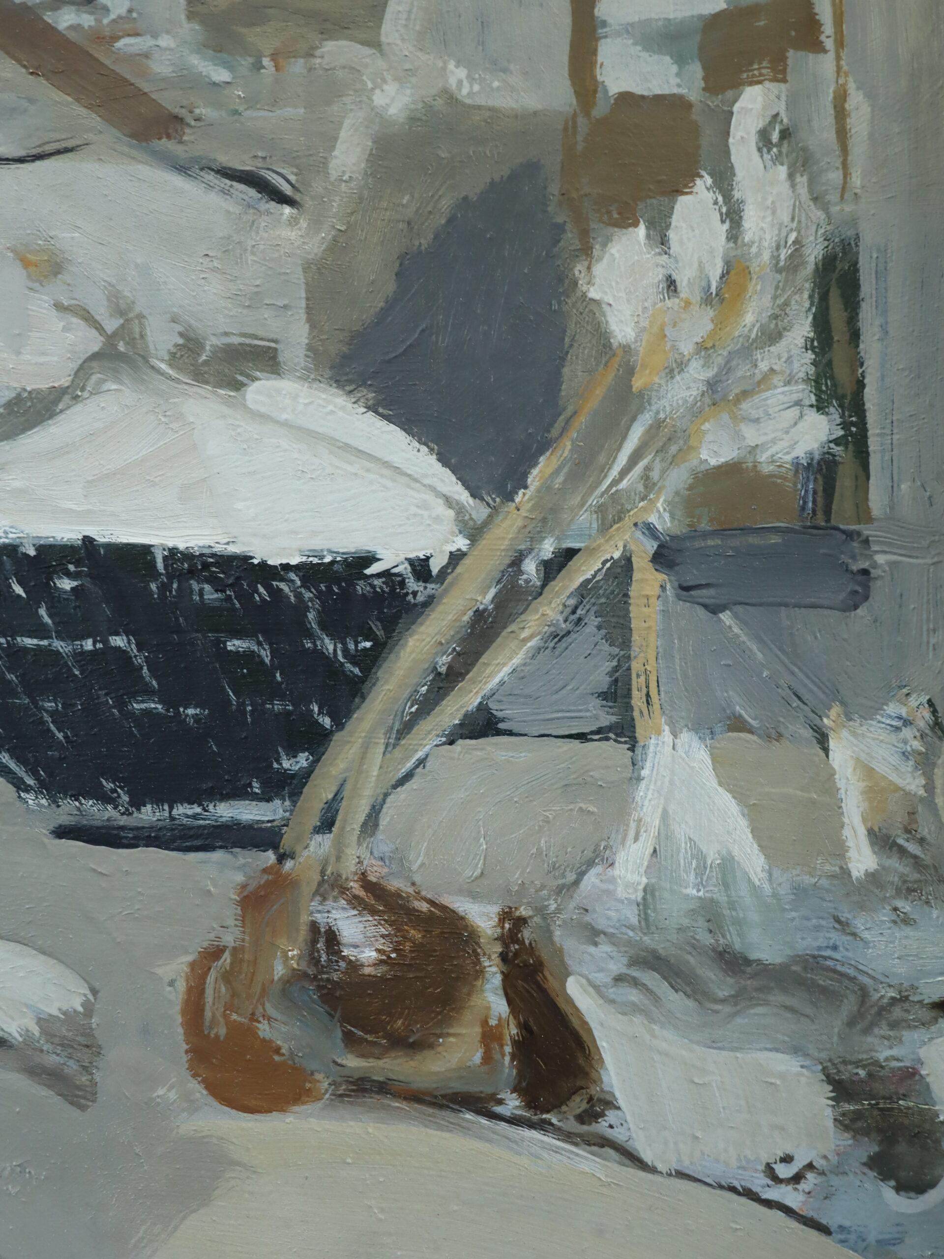 Mid Century Modern Swedish Abstract Street Scene Oil Painting - Snowy Rooftops For Sale 5