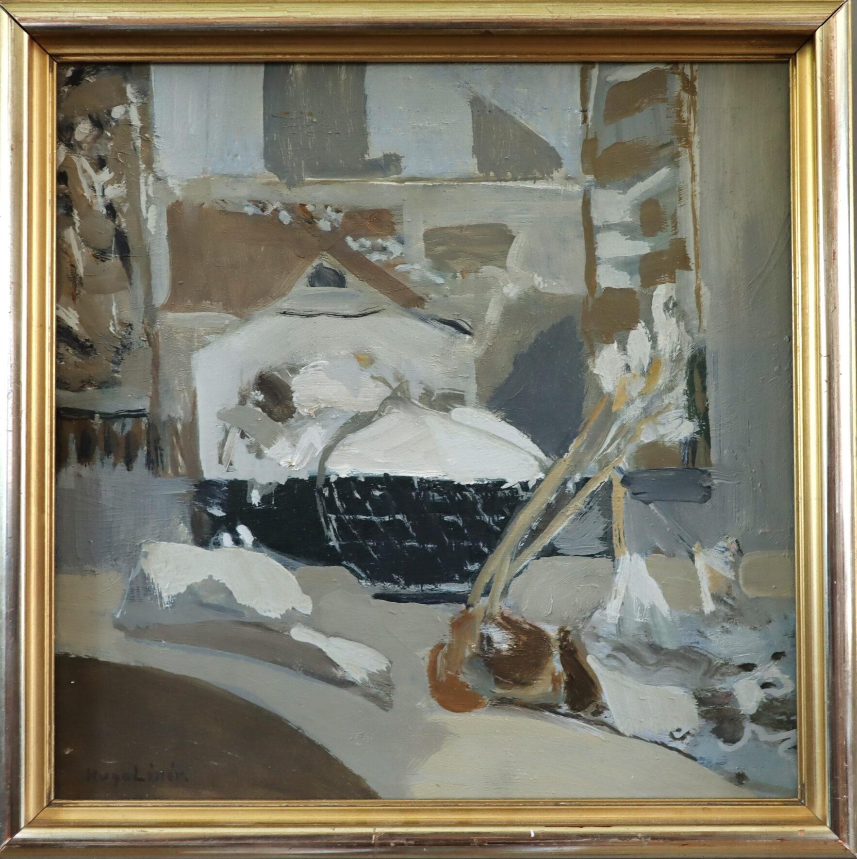 Pittura ad olio astratta svedese della metà del secolo scorso - Tetti innevati