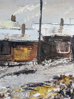 Mid-Century Modern Swedish "Chimneys" Vintage Winter Street Scene Oil Painting