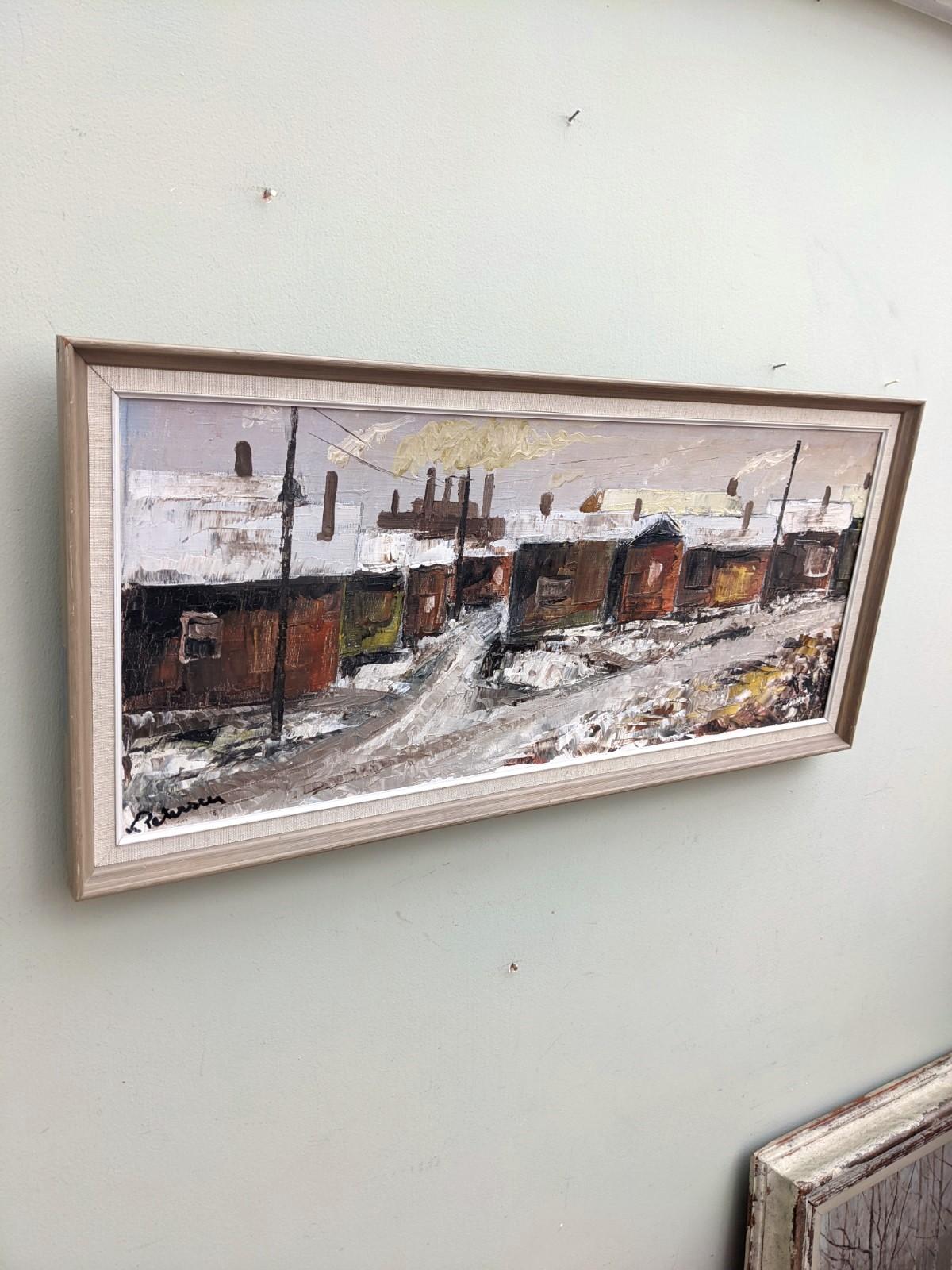 Chimneys
Oil on canvas
Size: 31 x 66 cm (including frame)

A very well executed mid century modernist winter street scene composition in oil, painted onto canvas.

This charming streetscape features a very textured surface, with several areas of
