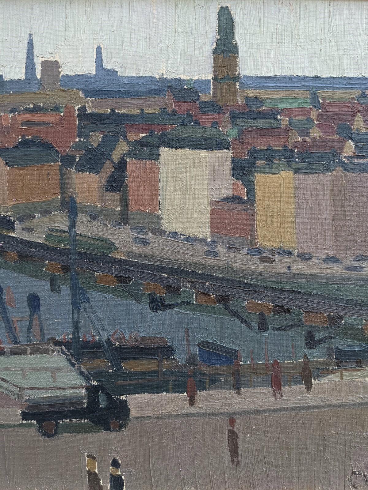 City View
Size: 48 x 72 cm (including frame)
Oil on canvas

A skilfully executed mid century modernist style cityscape composition of Stockholm in Sweden, executed in oil onto canvas.

The painting is a visual feast to the eyes and filled with